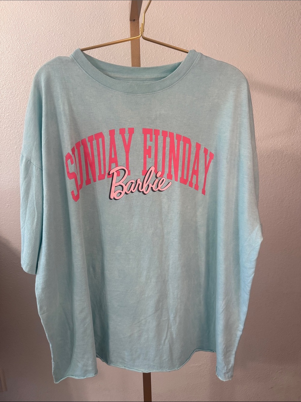 Barbie Light Blue Long Sleeve Tee with Pink Graphic- Large (oversized)